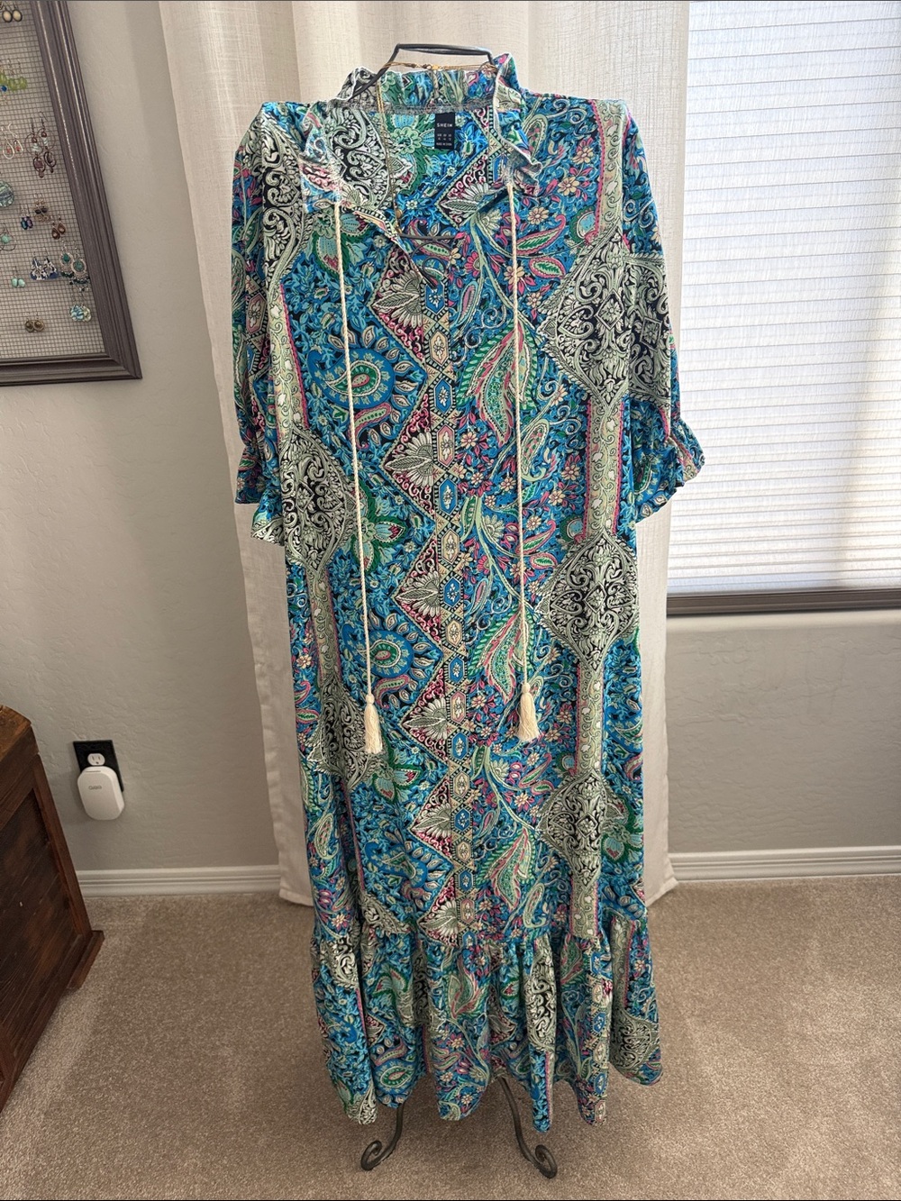 Blue Paisley Boho Maxi Dress with Tassel Ties